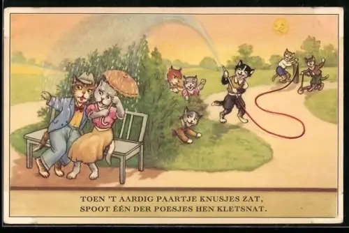 AK Katzenkinder bespritzen Katzenpaar mit dem Gartenschlauch, vermenschlichte Tiere