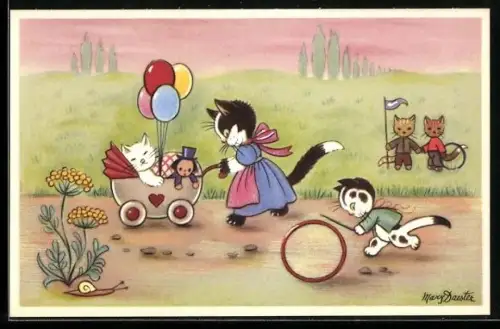 AK Katze mit Katzenbaby im Kinderwagen, vermenschlichte Tiere