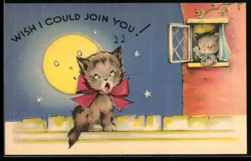 AK Katze singt auf dem Dach bei Mondschein, vermenschlichte Tiere