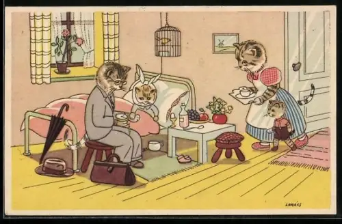 AK Arztbesuch eines kranken Katzenjungen, vermenschlichte Tiere
