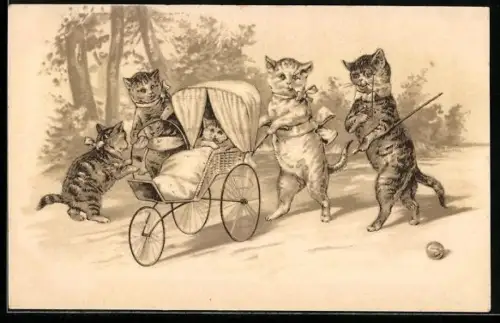 AK Katzenfamilie mit Kinderwagen, vermenschlichte Tiere