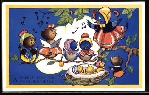 AK Vogelmutter mit Vogelkindern am Nest, Geburtstagsgruss, vermenschlichte Tiere