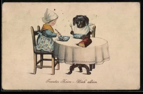 AK Frau und Dackel essen am Tisch, vermenschlichte Tiere