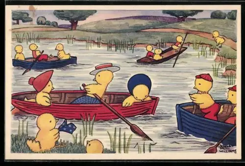 AK Küken in Booten auf dem Teich, vermenschlichte Tiere