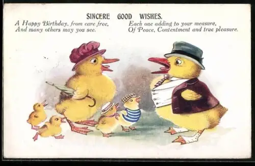 AK Entenfamilie mit Küken, Geburtstagsgruss, vermenschlichte Tiere