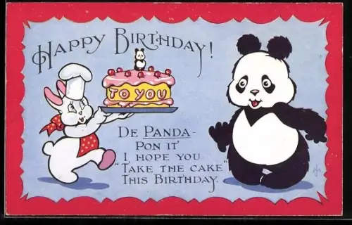 AK Hase mit Kuchen für Panda, Geburtstagsgruss, vermenschlichte Tiere