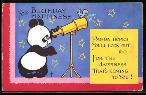 AK Panda mit einem Fernrohr, Geburtstagsgruss, vermenschlichte Tiere