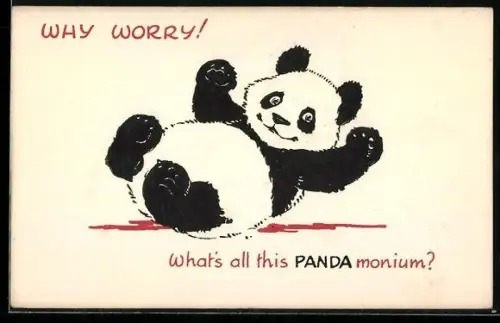 Präge-AK Panda schaukelt auf dem Rücken, vermenschlichte Tiere