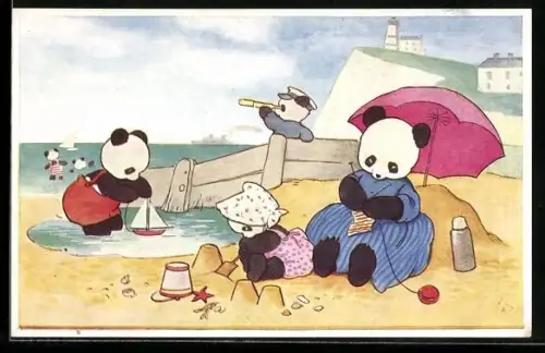 AK Pandamutter mit Pandakindern am Strand, vermenschlichte Tiere