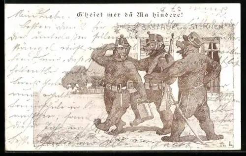 AK Drei Bären als Soldaten vor dem Gasthof zum Sternen, vermenschlichte Tiere