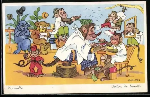 Künstler-AK Zooville, Affe im Friseursalon, vermenschlichte Tiere