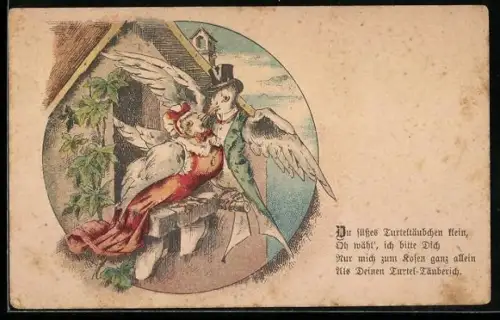 AK Taubenpaar am Vogelschlag, vermenschlichte Tiere