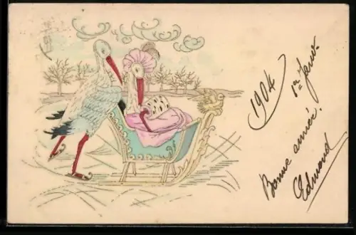 Präge-AK Storchenpaar mit Schlitten auf dem Eis, vermenschlichte Tiere