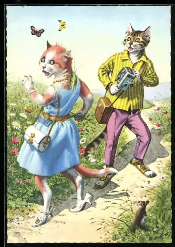 AK Katze und Kater filmen Schmetterlinge, vermenschlichte Tiere