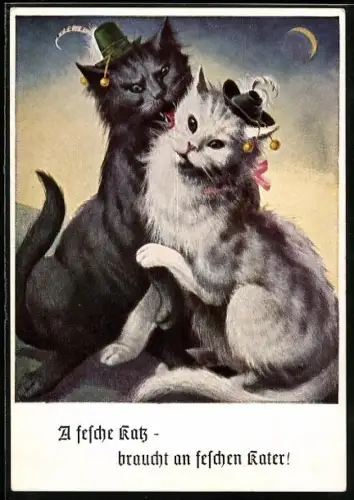 AK A fesche Katz - braucht an feschen Kater!, Schwarzer Kater und weisse Katze
