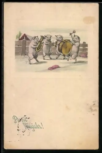 AK Schweine mit Instrumenten, Neujahrsgruss, vermenschlichte Tiere