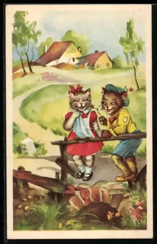 AK Katzenpärchen in sommerlicher Landschaft, vermenschlichte Tiere