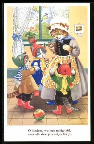 Künstler-AK sign. Jean D. Howe: Katzenmutter mit drei Katzenkindern