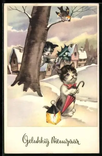 AK Kater mit Laterne im Schnee, Neujahrsgruss, vermenschlichte Tiere