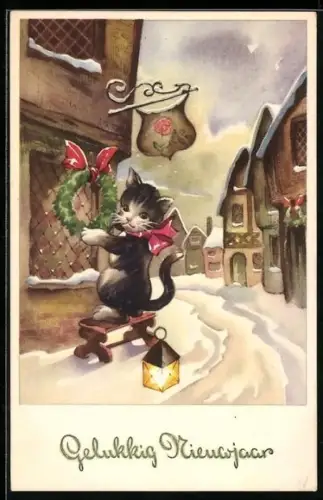 AK Katze schmückt Fenster mit Kranz, Neujahrsgruss, vermenschlichte Tiere