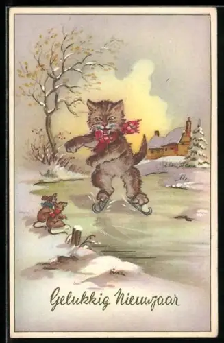 AK Kater auf Schlittschuhen im Winter, Neujahrsgruss, vermenschlichte Tiere