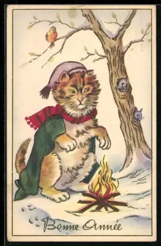 AK Kater am Feuer im Winter, Neujahrsgruss, vermenschlichte Tiere