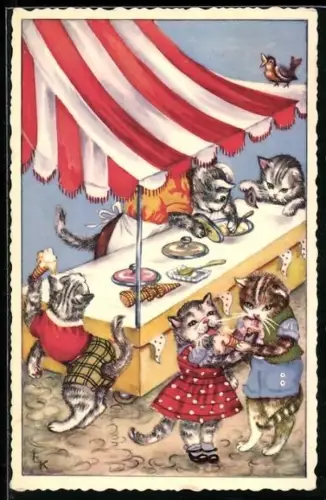 Künstler-AK Vermenschlichte Katzen schlecken Eis an einem Eisstand