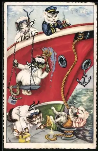 AK Kater als Seemann und Matrosen am Schiff, vermenschlichte Tiere