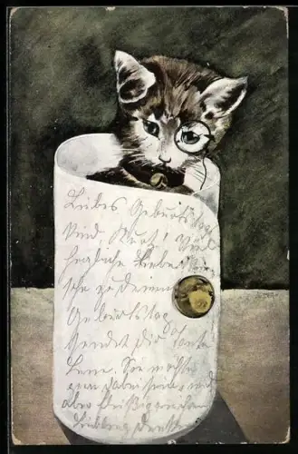 AK Katze mit Monokel und Glöckchen