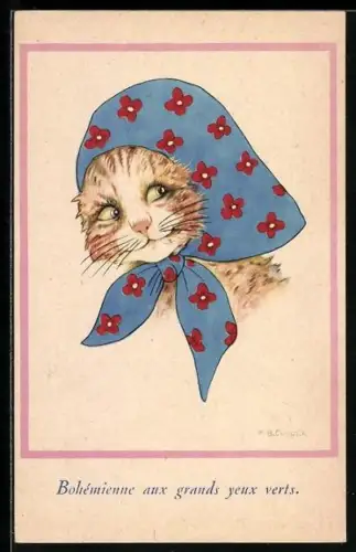 AK Bohemienne aux grands yeux verts, vermenschlichte Katze mit Kopftuch