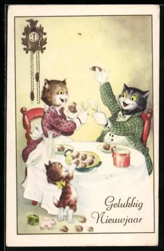 AK Katzenpaar stösst mit Sekt an, Neujahrsgruss, vermenschlichte Tiere