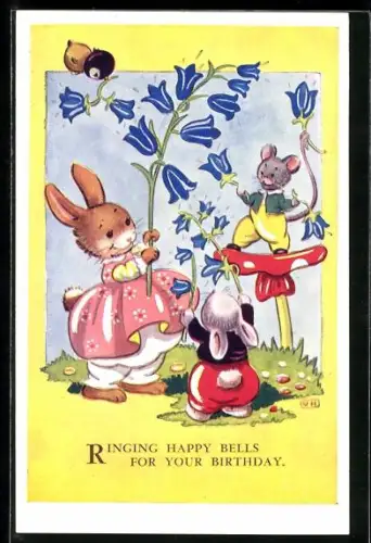 AK Hasen und Maus mit Glockenblumen, Geburtstagsgruss, vermenschlichte Tiere