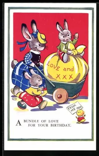 AK Häsin und Hasenkinder mit Karren, Geburtstagsgruss, vermenschlichte Tiere