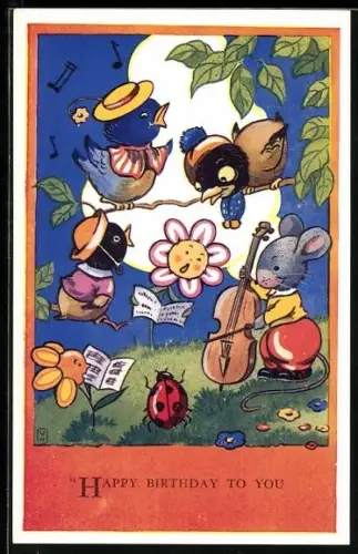AK Vögel singen und Maus spielt Cello, Geburtstagsgruss, vermenschlichte Tiere
