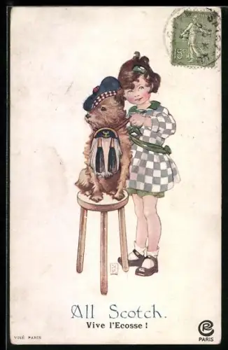 AK Mädchen und Hund mit Schottenmütze, vermenschlichte Tiere