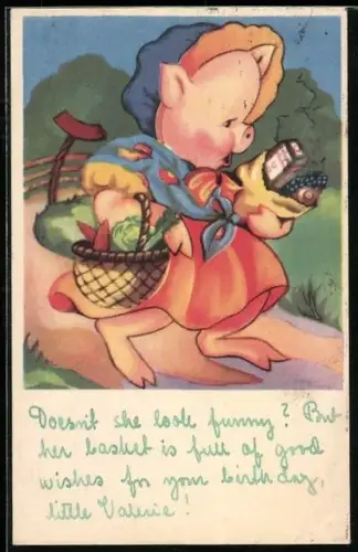 AK Sau mit ihrem Einkauf, vermenschlichte Tiere