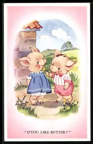 AK Schwein mit Blume für Sau, vermenschlichte Tiere