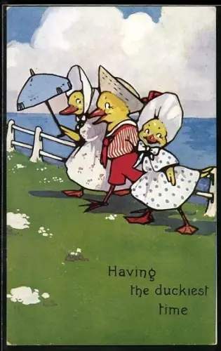 AK Entenfamilie bei sonnigem Wetter, vermenschlichte Tiere