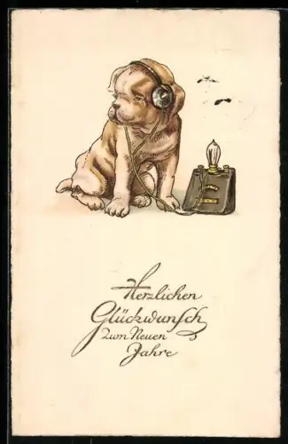AK Hund mit Kopfhörern am Radio, Neujahrsgruss, vermenschlichte Tiere