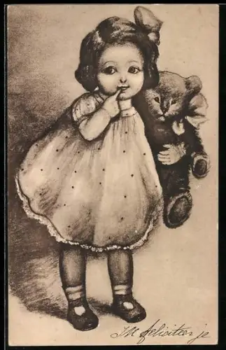 AK Kleines Mädchen mit einem Teddy im Arm