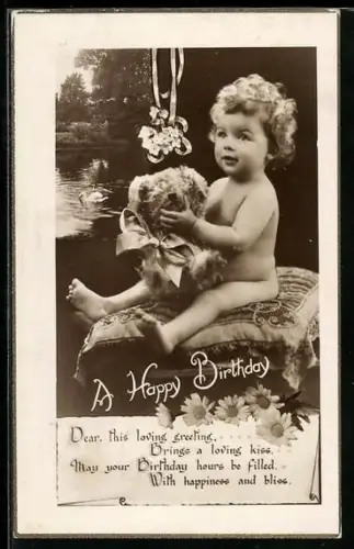 AK Kleinkind sitzt mit Teddy auf einem Kissen