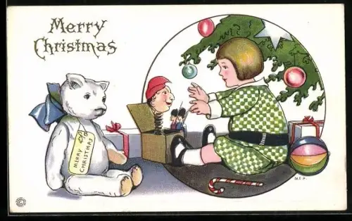 AK Kleinkind mit weissem Teddy unter dem Weihnachtsbaum