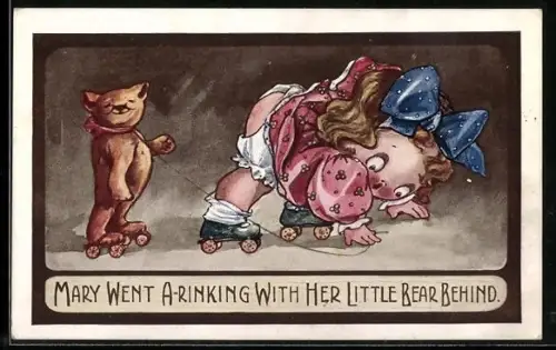 AK Kleinkind mit Teddy beim Rollschuhfahren