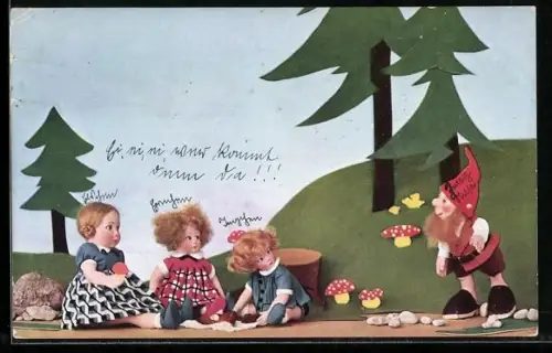 AK Puppenkinder auf Pilzsuche und Zwerg