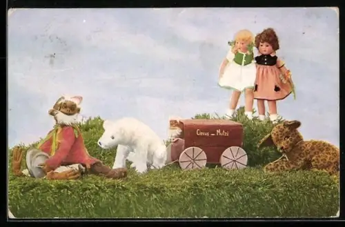 AK zwei Puppen mit Kuscheltieren, Circus Mutzi