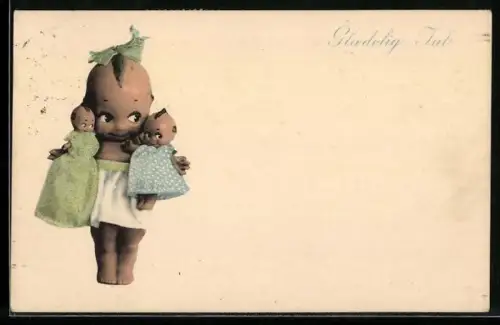 AK Puppenkind / Trollkind mit Puppenbabies, Weihnachtsgruss