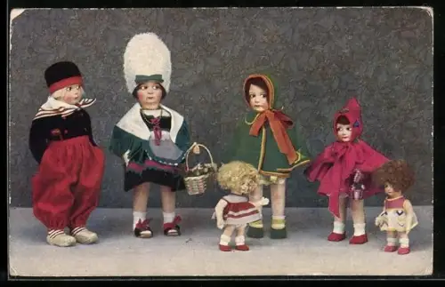 AK Puppen-Trachtenpaar und Puppenkinder
