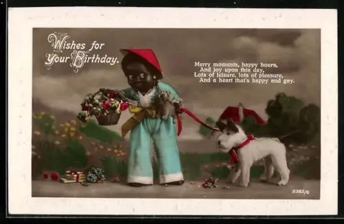 AK Dunkelhäutiger Puppenjunge mit Hund, Blumen u. Geschenken, Geburtstagsgruss