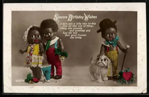 AK Dunkelhäutige Puppenkinder mit Herz und Hund, Geburtstagsgruss