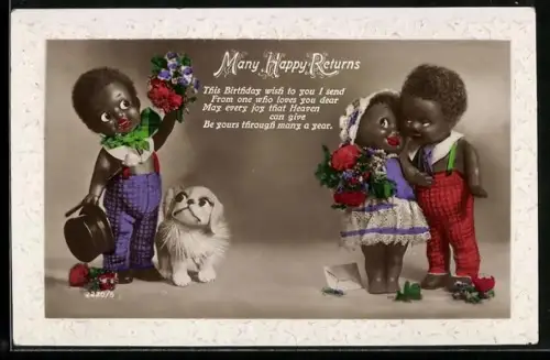 AK Dunkelhäutige Puppenkinder mit Hund und Blumen, Geburtstagsgruss